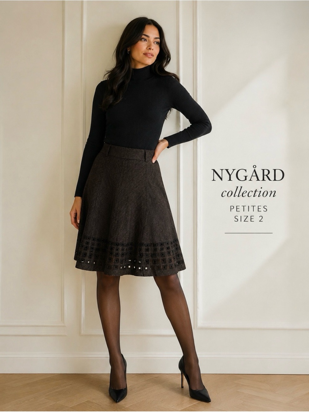 Nygård Collection Petites Brown Herringbone A-Line Skirt Sz 2 Eyelet Hem Detail